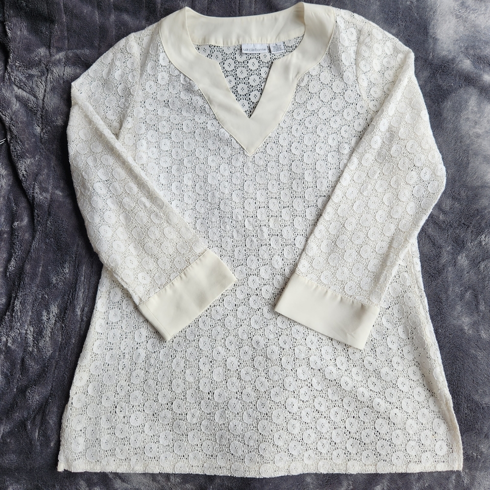 White & Cream Crochet Lace Eyelet Tunic Top with Satin Split Neck